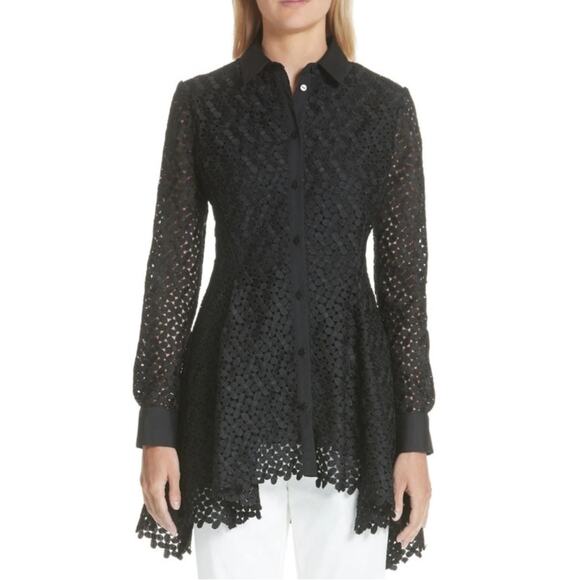 LELA ROSE black cotton lace longline peplum button front asymmetrical blouse top - Picture 1 of 14